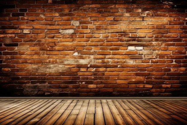 Brick wall with a wooden floor in front of it Generative AI