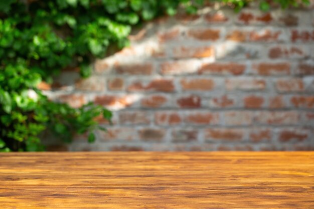 Brick wall with wooden table and vegetation