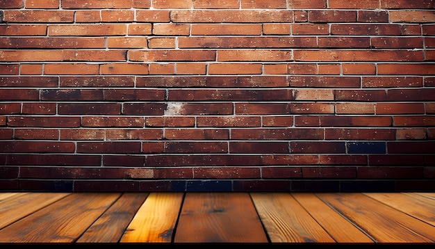 A brick wall and a wooden floor with a brick wall in the background