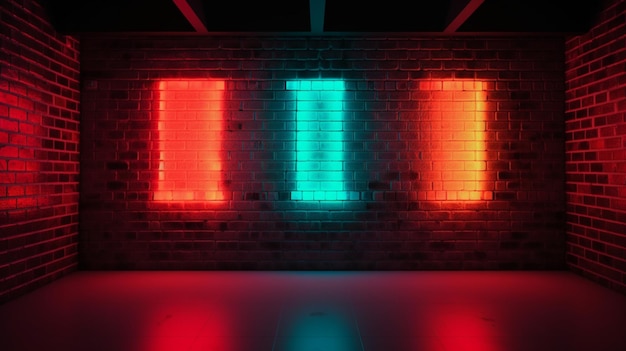 Brick walls and neon light background Brick walls neon rays and glow