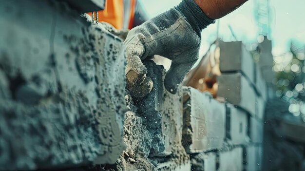 Bricklayer industrial worker installing brick masonry