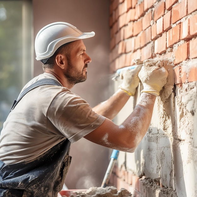 Bricklayer Installing Brick Masonry on Construction Site