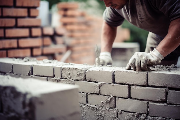 Photo bricklayer worker installing brick masonry on exterior wall with trowel putty knife