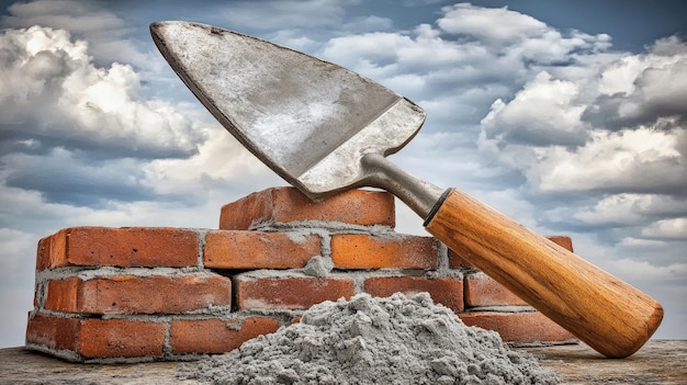 Bricklaying trowel resting on a pile of mortar bricks stacked nearby cloudy sky