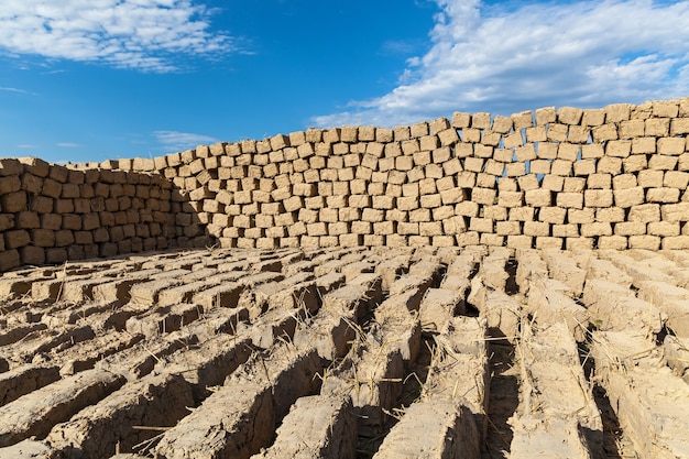 The bricks were made of clay and straw. ready bricks made of clay and straw dried on the street in the sun