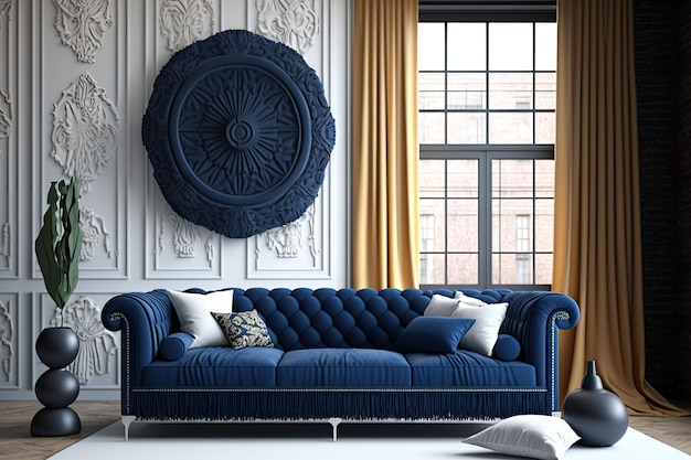 Brickwork and moldings in eclectic living room Navy blue sofa and curtain in modern interior