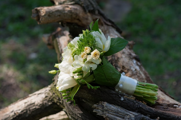 Bridal bouquet lying on the swing