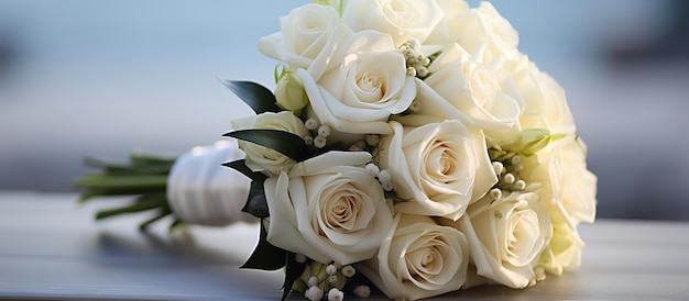 Bridal bouquet of white rose with leaves in bright colors