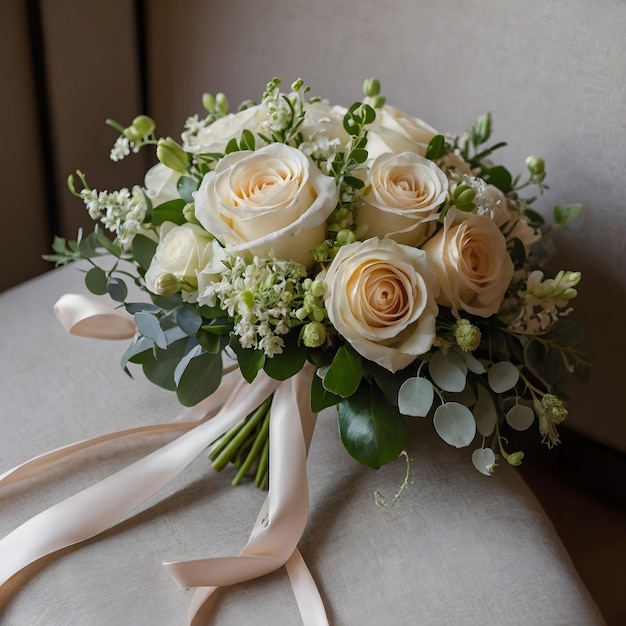 a bridal bouquet of white roses and green leaves