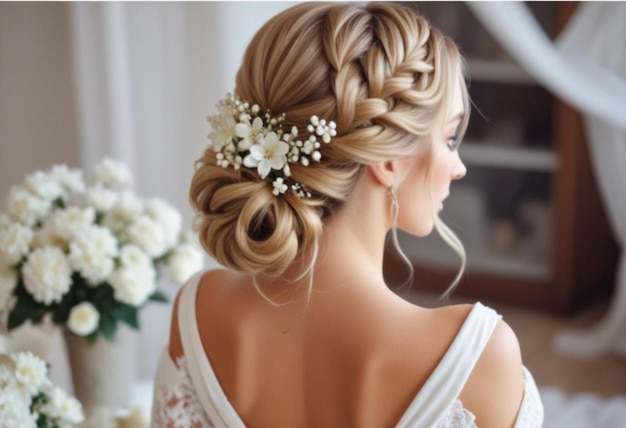 Photo bridal hair style with a floral bun