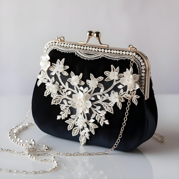 Photo bridal purse design adorned with a delicate lace overlay and intricate beadwork