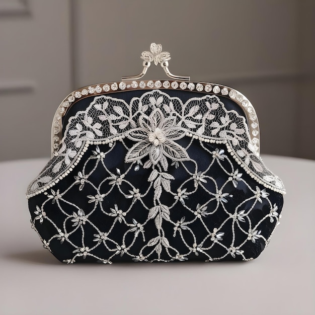 Photo bridal purse design adorned with a delicate lace overlay and intricate beadwork