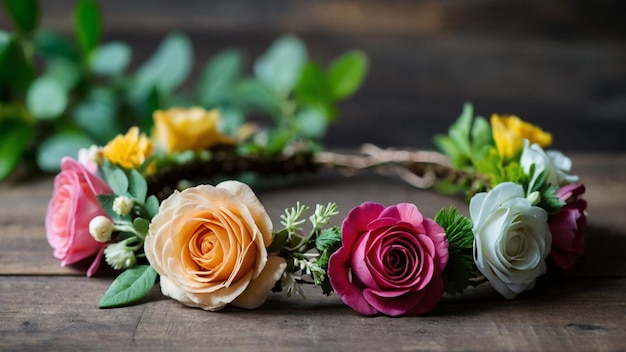 A bridal wreath with flowers on a wooden table