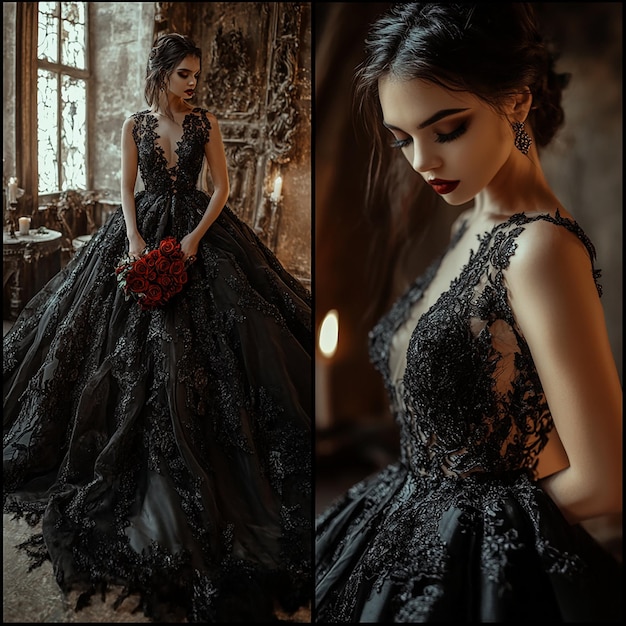 Photo bride in a dark dramatic gothic glamour wedding dress