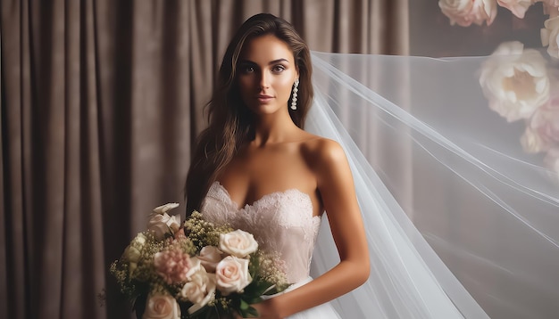 bride in a dress with flowers in front of a curtain