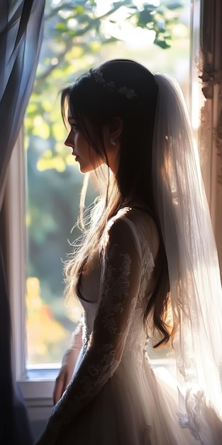 Bride in elegant wedding dress gazing out window at sunset glow