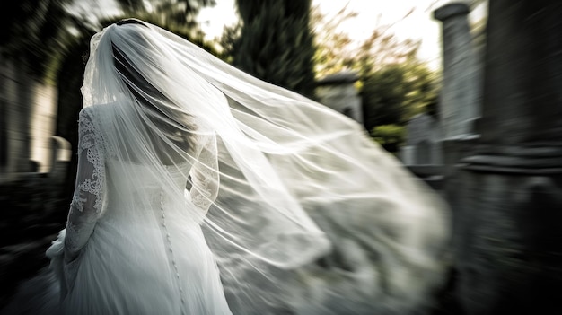 Photo a bride in a flowing veil walks through a cemetery evoking a sense of mystery and beauty