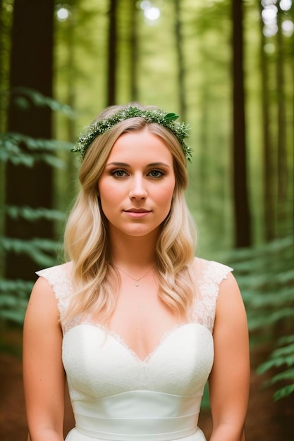 A bride in a forest wearing a flower crown