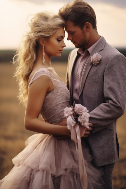 A bride and groom are embracing in a field