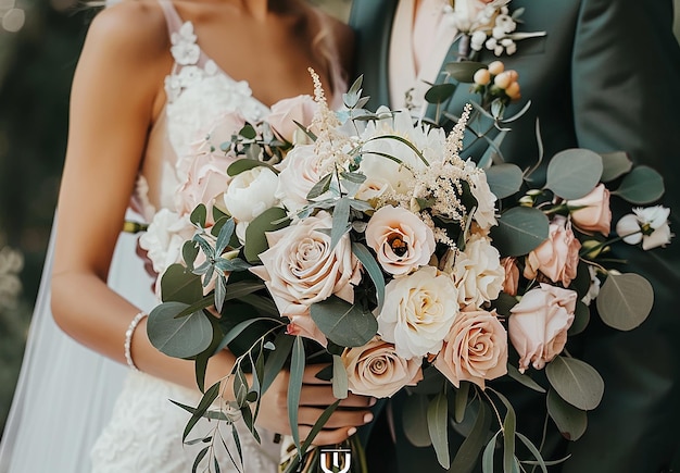 Photo a bride and groom are holding a bridal bouquet