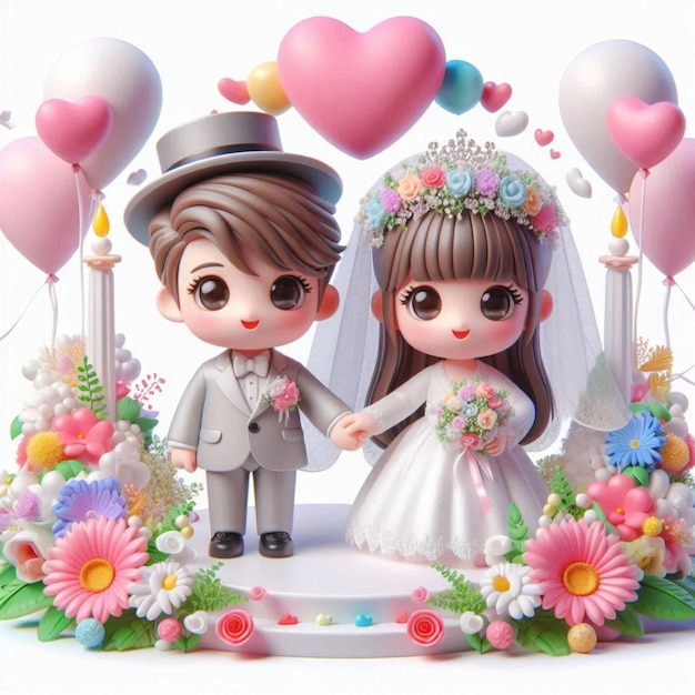 a bride and groom are holding hands and a heart shaped cake with a couple holding hands