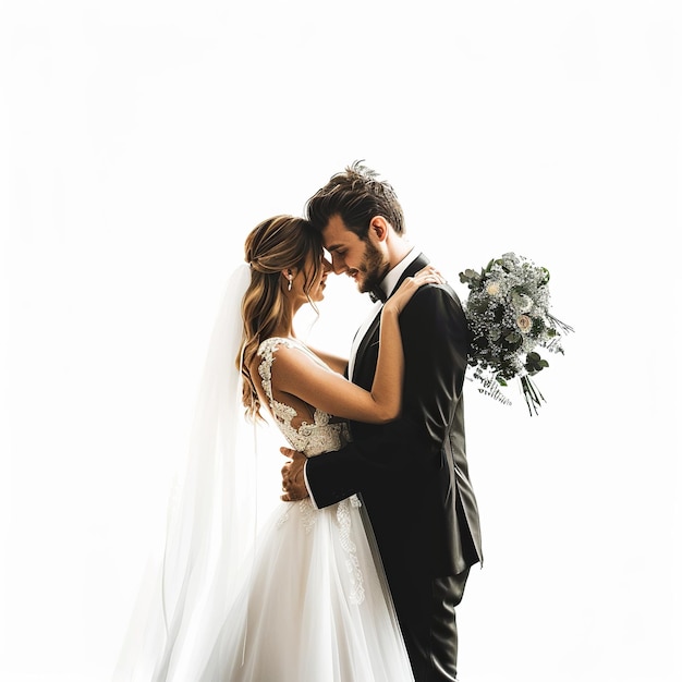 Photo a bride and groom are kissing in front of a white background