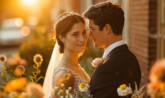 a bride and groom are kissing in the sun