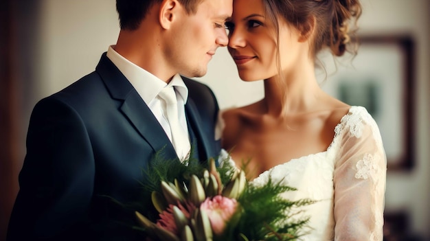 A bride and groom are looking at each other and smiling.