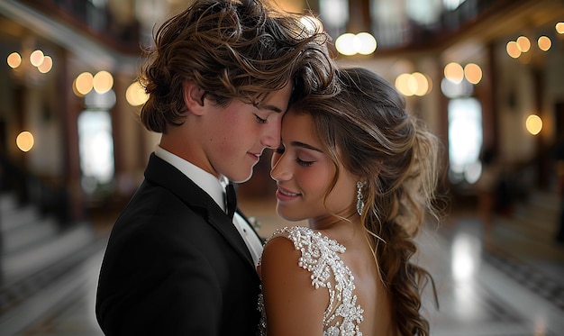 a bride and groom are looking at each other and they are looking at each other