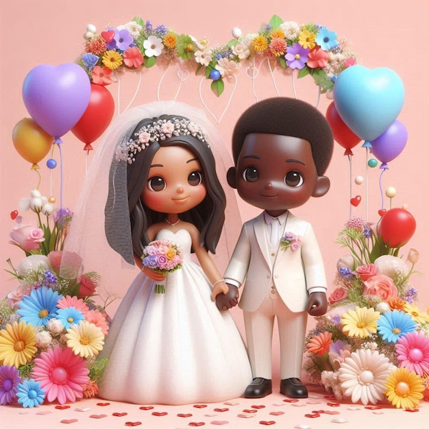 a bride and groom are posing in front of a bouquet of flowers