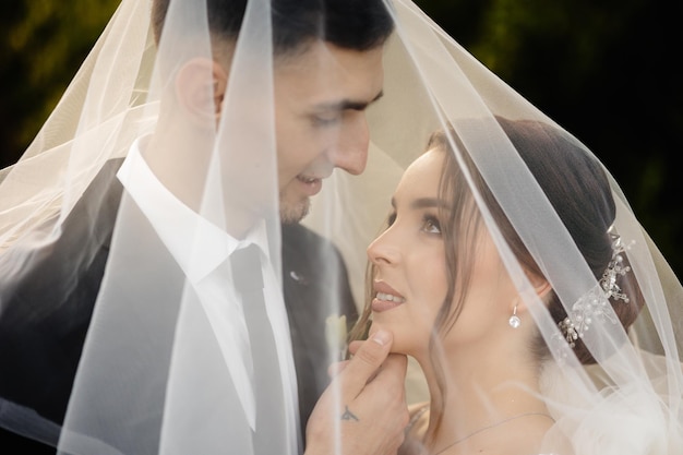 a bride and groom are posing for a photo