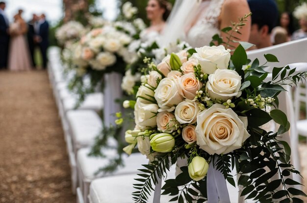 Photo a bride and groom are sitting on a table with flowers