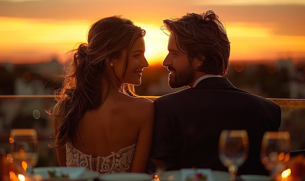 a bride and groom are sitting at a table with the sun setting behind them