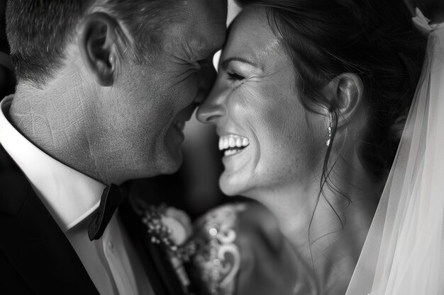 Photo a bride and groom are smiling and kissing each others cheeks generative ai