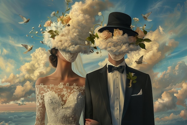 a bride and groom are standing under a cloud of flowers