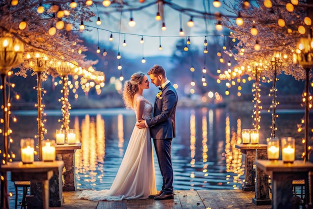 A bride and groom are standing on a dock by a body of water