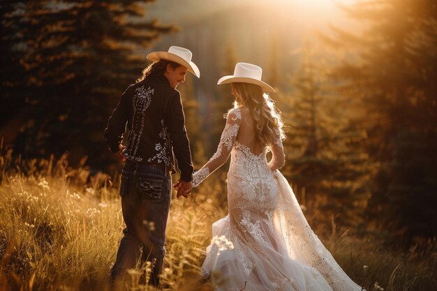 Photo a bride and groom are standing in a field with the sun setting behind them