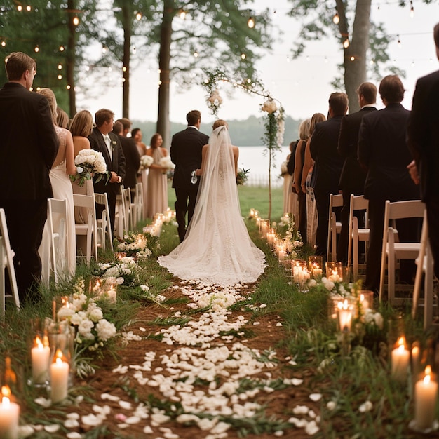 a bride and groom are standing in the middle of a field of flowers