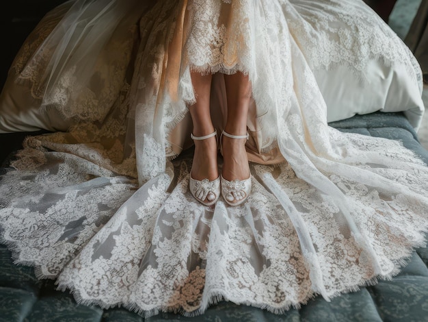 Photo a bride and groom are wearing white shoes and a bridal dress