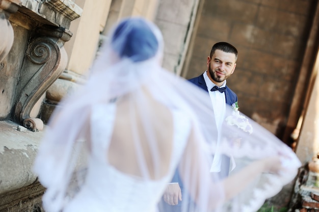 Photo the bride and groom on the background of an old building