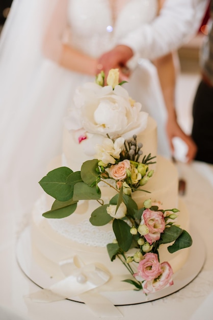 Bride and groom cuts a beautiful white cake at the banquet Closeup view