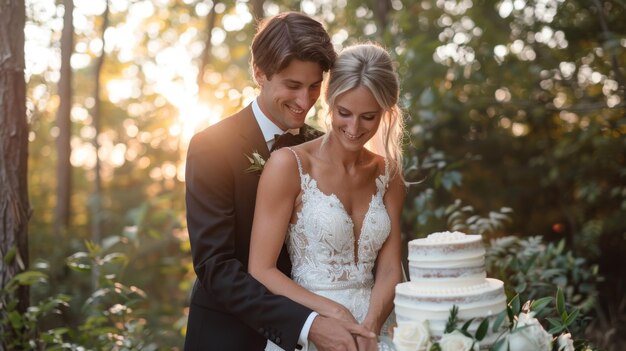 Photo bride and groom cutting their wedding cake