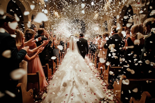 Photo a bride and groom elegantly make their way down the aisle towards the altar surrounded by loved ones during their wedding ceremony confetti fluttering down a wedding aisle ai generated