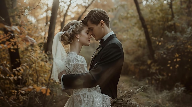 Photo the bride and groom embrace in the woods