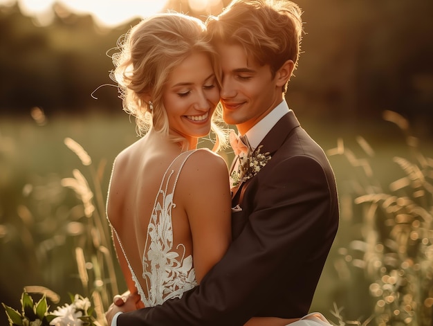 Bride and Groom Embracing in a Field