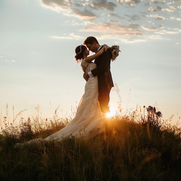 Bride and Groom Embracing on Hilltop