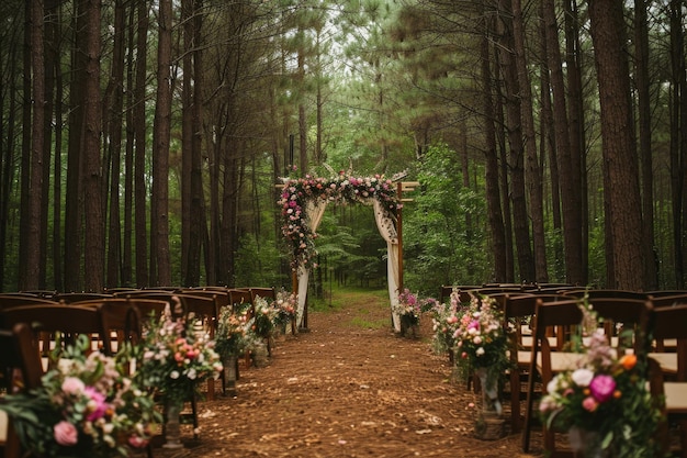 A bride and groom exchange vows under a canopy of trees in a picturesque forest setting A whimsical fairytale forest wedding AI Generated