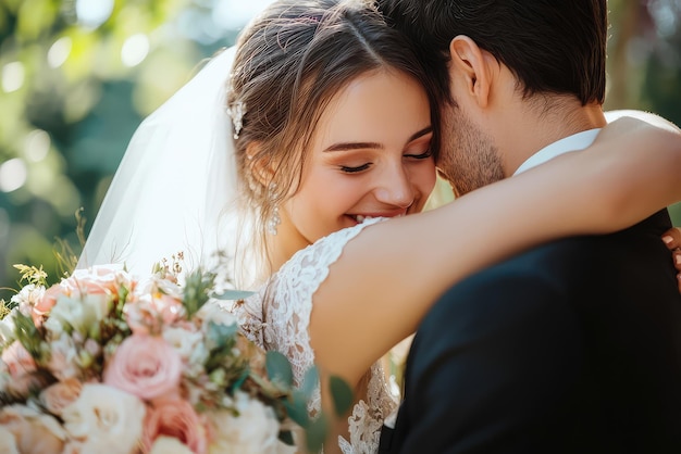 Photo a bride and groom exchanging heartfelt embrace radiating love and joy on their special day beautiful floral bouquet adds to romantic atmosphere