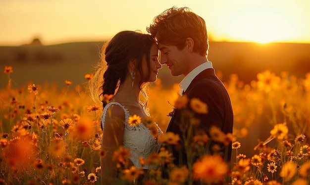 Photo a bride and groom in a field of flowers