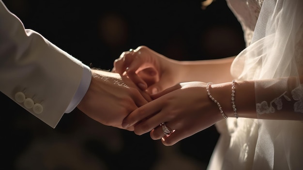 bride and groom holding hands with wedding ring